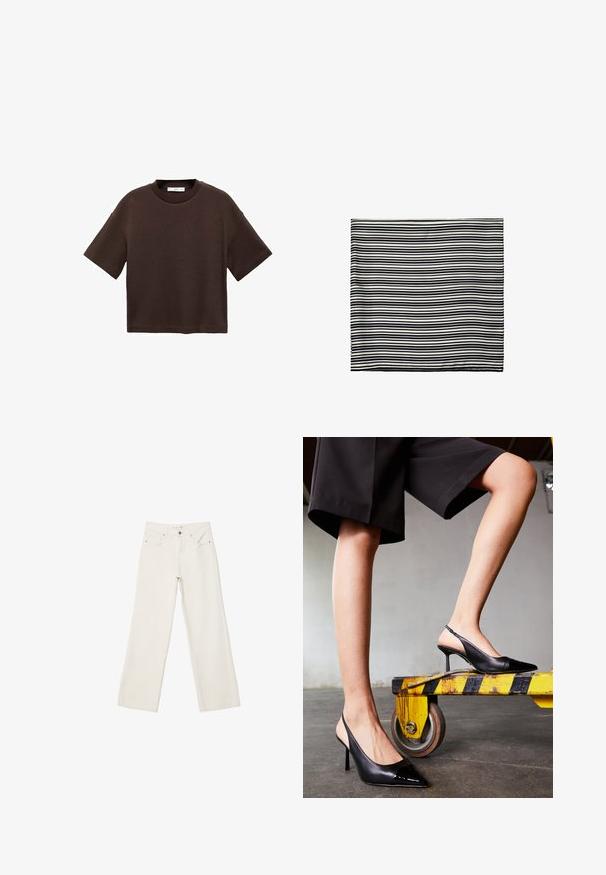 Hnědé tričko s krátkým rukávem vyrobené z měkké bavlny. Má kulatý výstřih a volný střih, s hladkou strukturou a bez viditelných vzorů.; Bílé široké džíny vyrobené z denimové látky, s vysokým pasem, předními kapsami a knoflíkovým zapínáním. Čistý design s minimálními akcenty.; Černé lodičky se zády a špičatou špičkou, s lesklou patentovanou špičkou. Stiletto podpatek, hladký kožený design a minimalistická silueta.; Černobílý pruhovaný šátek, vyrobený z lehké tkaniny. Obdélníkový tvar s rovnoměrně střídajícími se pruhy různých šířek. Měkká textura.; Mango Velká kabelka - dark brown