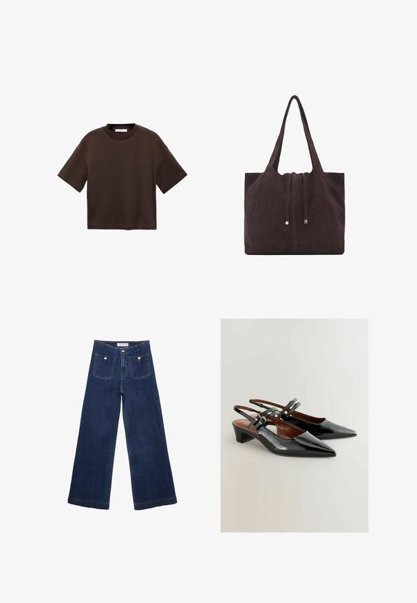 Brun kortærmet t-shirt lavet af blød bomuld. Har en rund halsudskæring og en boxy pasform, med en glat tekstur og ingen synlige mønstre.; Mørkeblå brede bukser lavet af denim, med to forlommer med dekorative knapper og lige afslutning.; Sorte patentlæder slingback sko med spids tå, mellem høj hæl og dekorative spænde remme. Glat tekstur med slankt design.; Mango Shopping bags - dark brown