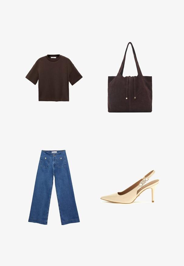Braun majica s kratkimi rokavi, izdelana iz mehkega bombaža. Ima okroglo ovratnico in širok kroj, z gladko teksturo in brez vidnih vzorcev.; Jeans širokih nogavic iz denima z medenim modrim pranjem, dvema sprednjima žepoma z gumbnimi zaprtji in šivanjem ob robovih.; Bež lakiran usnjeni sandal z visokim peto, z ostrim nosom, nastavljivim trakom in kovinskim okrasnim detajlom na peti. Tanka visoka peta.; Mango Torba za nakupovanje - dark brown