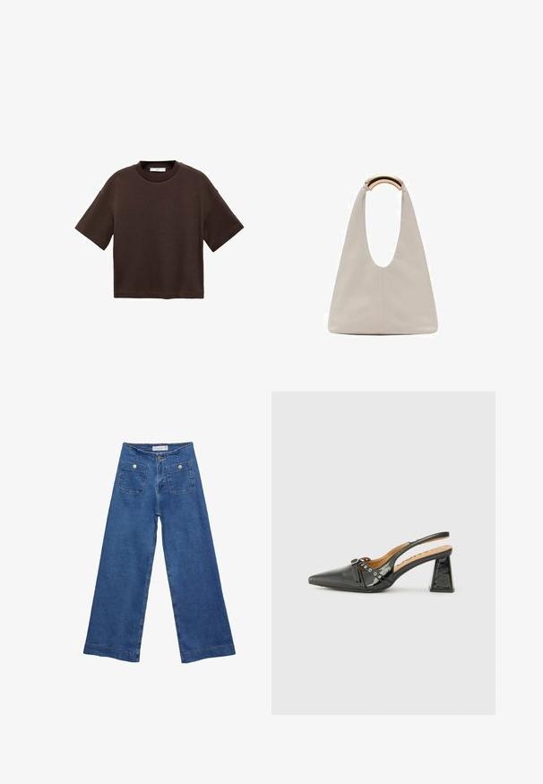 Brązowa koszulka z krótkim rękawem, wykonana z miękkiej bawełny. Posiada okrągły dekolt i luźny krój, charakteryzuje się gładką fakturą i brakiem widocznych wzorów.; Jeans dżinsowe o szerokich nogawkach w średnim niebieskim odcieniu, z dwiema przednimi kieszeniami zapinanymi na guziki oraz przeszyciami wzdłuż dołów nogawek.; Czarne lakierowane buty na obcasie z odkrytą piętą, ze spiczastym noskiem, trójkątnym obcasem i ozdobnym paskiem z srebrnymi akcentami. Gładka faktura.; Jasnoszara skórzana torba o kształcie litery U z zakrzywionym metalowym uchwytem. Gładka tekstura z minimalnymi szwami i bez widocznych wzorów.