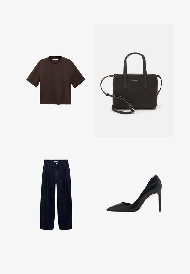 Brown short-sleeve t-shirt made of soft cotton. Features a round neckline and a boxy fit, with a smooth texture and no visible patterns.; Dark denim wide-leg trousers with pleats at the waist, featuring a front button and belt loops. Smooth texture and full-length design.; Mango High heels - black; Black handbag with dual short handles and a removable shoulder strap. Smooth leather-like material with a zip closure and logo detail.