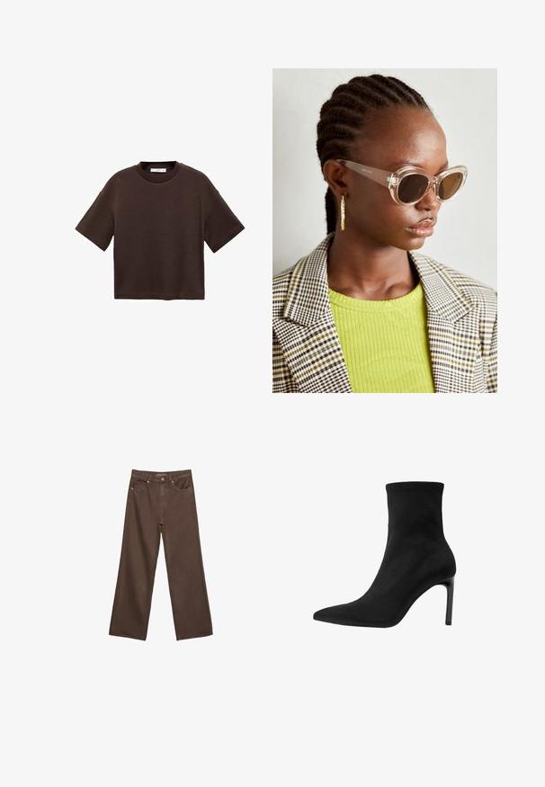 Smeđi kratki rukav majica od mekog pamuka. Ima okrugli izrez i širok kroj, s glatkom teksturom i bez vidljivih uzoraka.; Proširene smeđe traperice od denima, s visokim strukom, prednjim džepovima i klasičnom kopčom na dugme. Glatka tekstura s suptilnim šavovima.; Crne gležnjače od glatke nubuk kože, s izdignutim nosom i visokim stileto potplatom. Elegantni, minimalistički dizajn bez ukrasa.; Prozirne mačkaste sunčane naočale s smešnim lećama i transparentnim okvirom. Manekenka nosi zeleni rebrasti top i karirani blejzer. Zlate kružne naušnice.; Mango Velika torba - dark brown