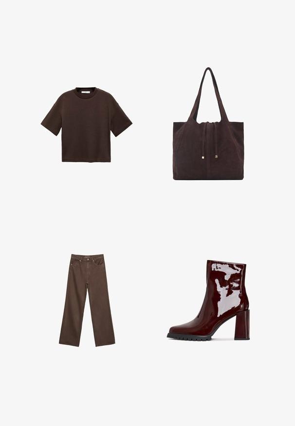 Smeđi kratki rukav majica od mekog pamuka. Ima okrugli izrez i širok kroj, s glatkom teksturom i bez vidljivih uzoraka.; Proširene smeđe traperice od denima, s visokim strukom, prednjim džepovima i klasičnom kopčom na dugme. Glatka tekstura s suptilnim šavovima.; Sjajna burgundska čizma do gležnja sa kvadratnim vrhom, debelim prozirnim potpeticama i teksturisanom crnom sole. Glatka površina sa visokim sjajem.; Mango Velika torba - dark brown