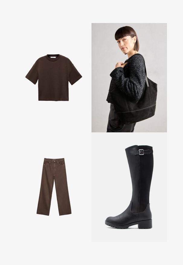 Hnedé tričko s krátkym rukávom vyrobené z mäkké bavlny. Má okrúhly výstrih a voľný strih, s hladkou textúrou a bez viditeľných vzorov.; Džínsy s širokými nohavicami v hnedej farbe, vyrobené z denimu, so zvýšeným pásom, prednými vreckami a klasickým zapínaním na gombík. Hladká textúra s jemným prešívaním.; Čierne čižmy po kolená s hladkým koženým predným dielom, sieťovými panelmi a nízkym blokovým podpätkom so strapcom a detailom s prackou.; Čierna semišová taška so hladkou textúrou, štruktúrovaným tvarom a kontrastným šitím. Obsahuje dlhé popruhy na nosenie na ramene.