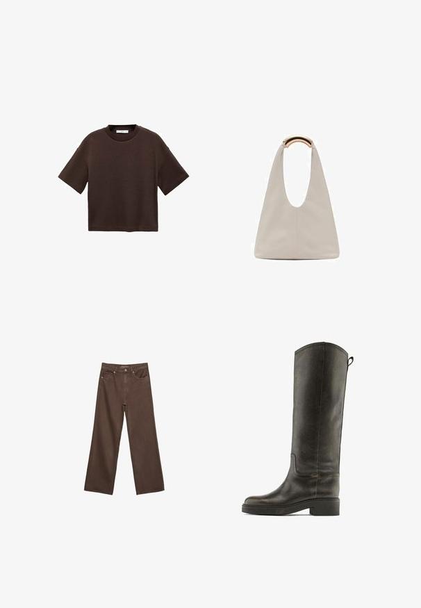 Brown short-sleeve t-shirt made of soft cotton. Features a round neckline and a boxy fit, with a smooth texture and no visible patterns.; Wide-leg brown jeans made of denim, featuring a high waist, front pockets, and a classic button closure. Smooth texture with subtle stitching.; Knee-high, dark green leather boot with a smooth texture, rounded toe, and a low block heel, featuring minimal stitching and a pull tab.; Light gray leather bag with a U-shaped design and a curved metallic handle. Smooth texture with minimal stitching and no visible patterns.
