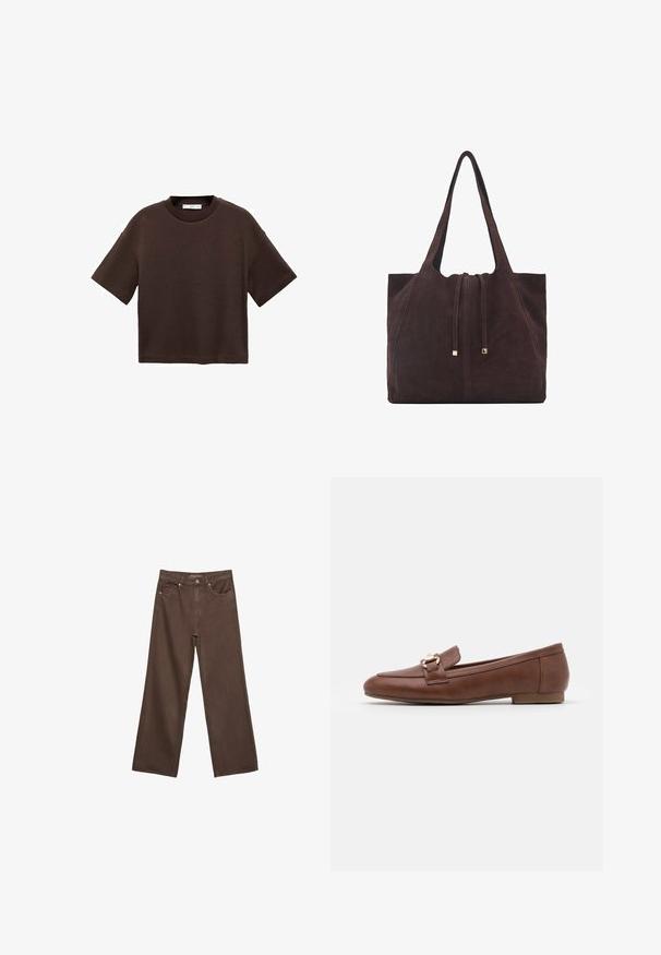 T-shirt marron à manches courtes en coton doux. Dispose d'un col rond et d'une coupe ample, avec une texture lisse et sans motifs visibles.; Jean brown à jambes larges en denim, doté d'une taille haute, de poches avant et d'une fermeture à bouton classique. Texture lisse avec des coutures subtiles.; Mocassins en cuir marron avec une semelle plate, un design surpiqué et un détail de boucle en ton doré sur la bride à travers le coup de pied.; Mango Cabas - dark brown; Collier multi-brins doré avec des formes ondulées ; présente une texture métallique lisse et réfléchissante et une chaîne ajustable pour personnaliser la longueur.