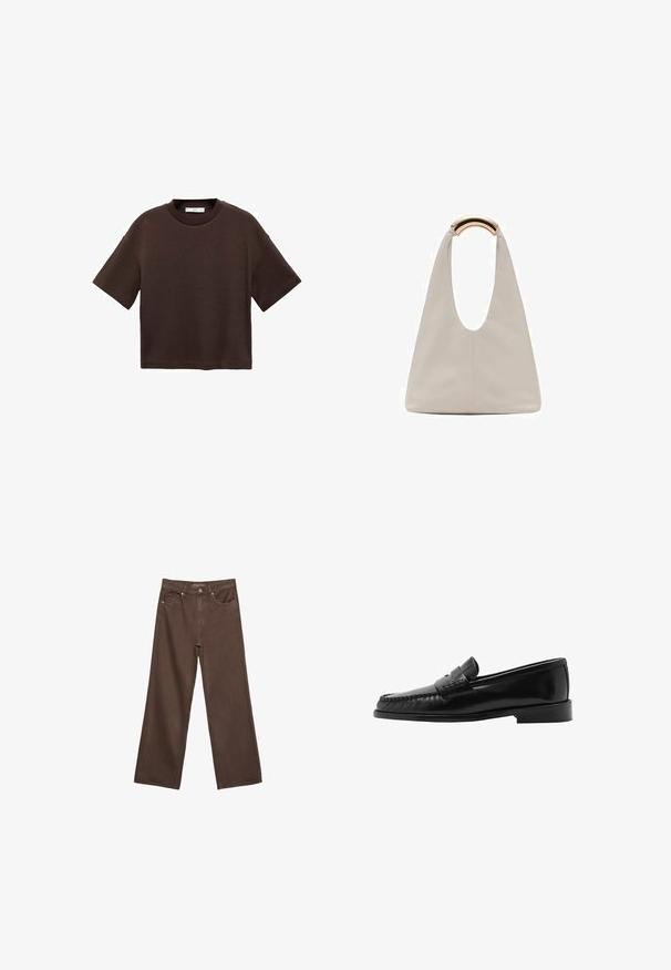 Braun majica s kratkimi rokavi, izdelana iz mehkega bombaža. Ima okroglo ovratnico in širok kroj, z gladko teksturo in brez vidnih vzorcev.; Široke rjave kavbojke iz denima, ki imajo visok pas, sprednje žepe in klasično zapiranje na gumb. Gladka tekstura s subtilnim šivom.; Črne usnjene loafer čevlje s ukrivljeno silhueto, dekorativnim trakom, teksturiranim šivom in ravnim gumijastim podplatom. Gladek zaključek in eleganten dizajn.; Svetlo siva usnjena torba z U-oblika zasnovo in ukrivljenim kovinskim ročajem. Gladka tekstura z minimalnim šivom in brez vidnih vzorcev.