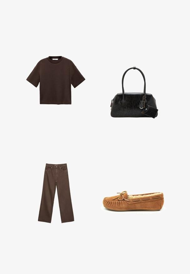 Brown short-sleeve t-shirt made of soft cotton. Features a round neckline and a boxy fit, with a smooth texture and no visible patterns.; Wide-leg brown jeans made of denim, featuring a high waist, front pockets, and a classic button closure. Smooth texture with subtle stitching.; Brown suede moccasin slipper with a fur lining, a bow accent on the toe, and decorative stitching along the upper. Flat rubber sole.; Black textured leather handbag with two handles, attached small pouch, and zip closure, displayed on white background.