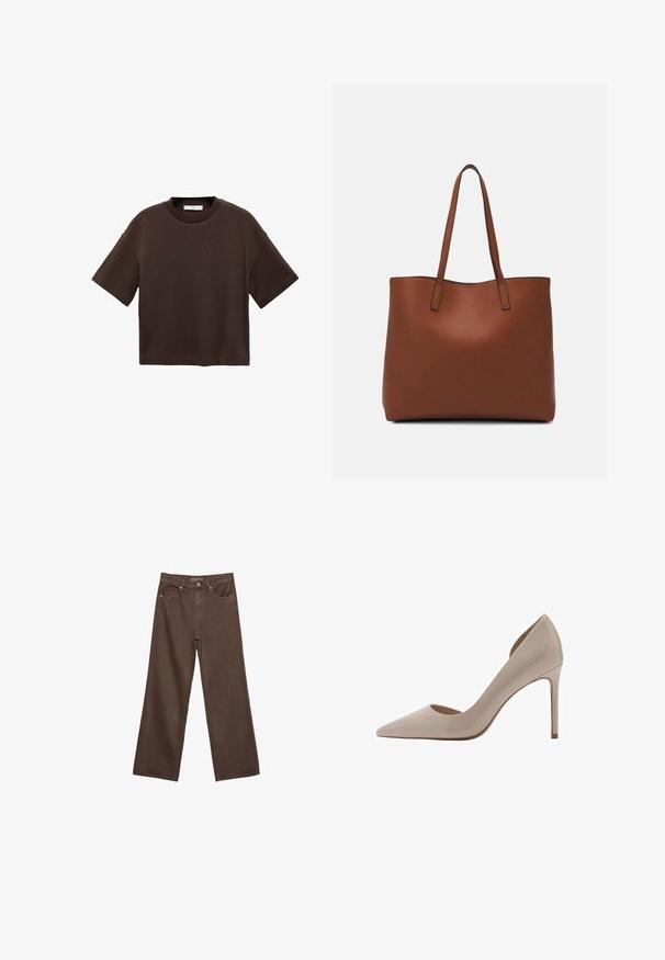 Braun majica s kratkimi rokavi, izdelana iz mehkega bombaža. Ima okroglo ovratnico in širok kroj, z gladko teksturo in brez vidnih vzorcev.; Široke rjave kavbojke iz denima, ki imajo visok pas, sprednje žepe in klasično zapiranje na gumb. Gladka tekstura s subtilnim šivom.; Mango ASYMMETRISCHE MET EFFECT - Visoke pete - grey; Rjava usnjena torba z gladko teksturo, odprto zasnovo zgoraj in dvema naramnima trakovoma. Opremljena je z minimalnim šivanjem in brez vidnih kovinskih delov.