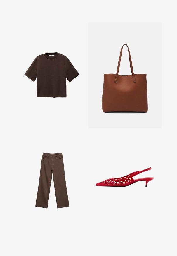 T-shirt marron à manches courtes en coton doux. Dispose d'un col rond et d'une coupe ample, avec une texture lisse et sans motifs visibles.; Jean brown à jambes larges en denim, doté d'une taille haute, de poches avant et d'une fermeture à bouton classique. Texture lisse avec des coutures subtiles.; Chaussure à talon kitten rouge à bride arrière avec un dessus en treillis découpé, bout pointu et finition brillante. Semelle noire avec un petit talon.; Sac fourre-tout en cuir marron avec une texture lisse, design à ouverture supérieure et deux poignées pour le porter à l'épaule. Présente des coutures minimales et aucun matériel visible.