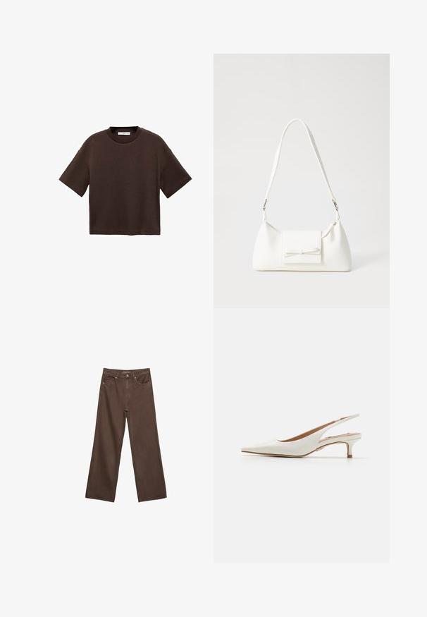 Hnedé tričko s krátkym rukávom vyrobené z mäkké bavlny. Má okrúhly výstrih a voľný strih, s hladkou textúrou a bez viditeľných vzorov.; Džínsy s širokými nohavicami v hnedej farbe, vyrobené z denimu, so zvýšeným pásom, prednými vreckami a klasickým zapínaním na gombík. Hladká textúra s jemným prešívaním.; Steve Madden KARI - Klasické lodičky na opätku - white; Biela syntetická kabelka s trojuholníkovým tvarom, plochým predným klapkou a detailom mašle, nastaviteľným popruhom, hladkou textúrou a minimalistickým dizajnom.