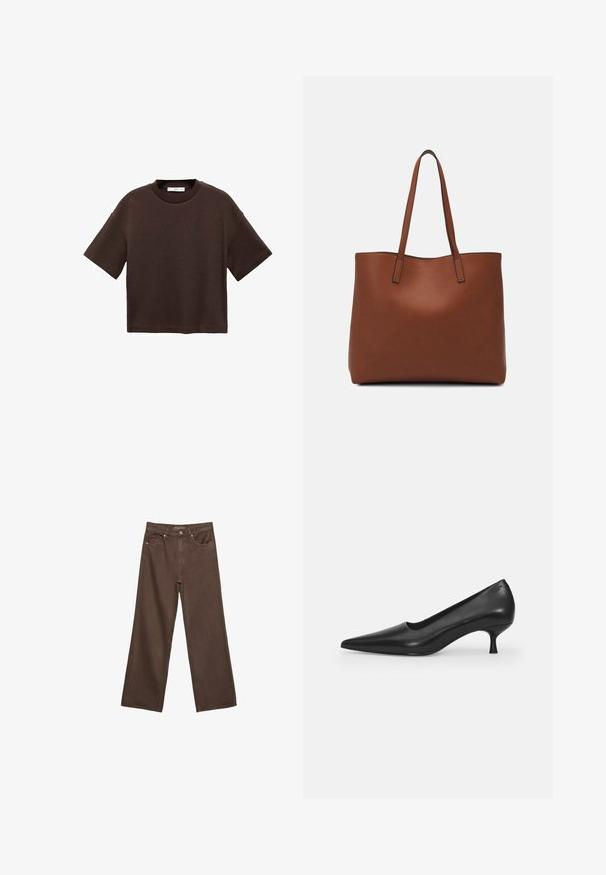 Hnedé tričko s krátkym rukávom vyrobené z mäkké bavlny. Má okrúhly výstrih a voľný strih, s hladkou textúrou a bez viditeľných vzorov.; Džínsy s širokými nohavicami v hnedej farbe, vyrobené z denimu, so zvýšeným pásom, prednými vreckami a klasickým zapínaním na gombík. Hladká textúra s jemným prešívaním.; Čierna kožená vysoká topánka na podpätku so špicatou špičkou, zakriveným dizajnom a štíhlym 5 cm podpätkom. Hladká textúra s minimálnymi ozdobami.; Hnedá kožená taška na rameno s hladkou textúrou, otvoreným vrchom a dvoma ramenými popruhmi. Má minimálne šitia a žiadne viditeľné kovania.