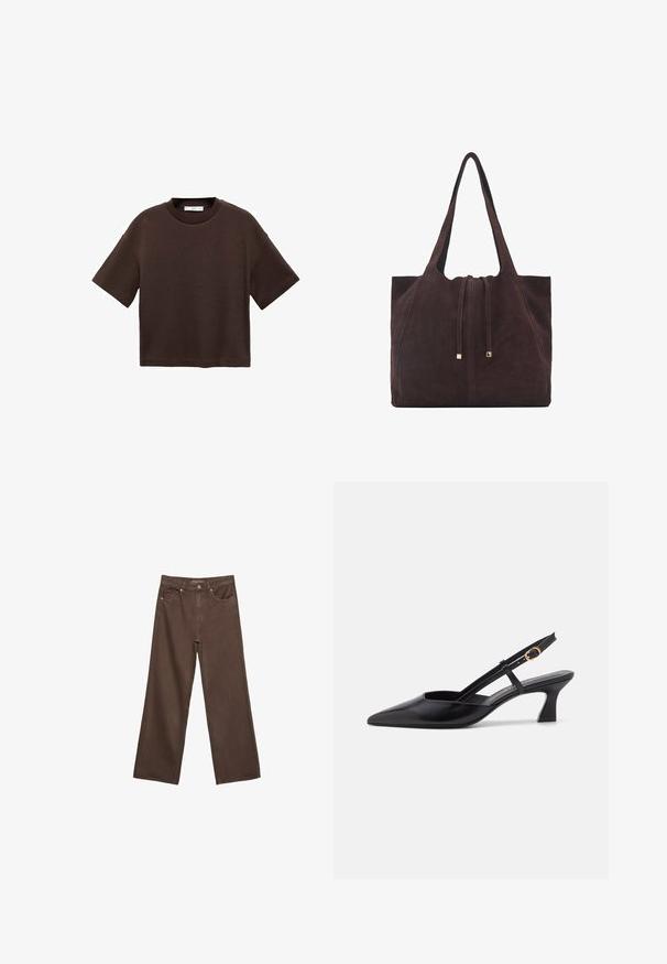 Braun t-Shirt mit kurzen Ärmeln aus weicher Baumwolle. Verfügt über einen runden Ausschnitt und einen kastigen Schnitt, mit einer glatten Textur und ohne sichtbare Muster.; Weite braune Jeans aus Denim, mit hoher Taille, Fronttaschen und klassischem Knopfverschluss. Glatte Textur mit feinen Nähten.; Schwarze Leder-Slingback-Schuhe mit spitzer Zehenform, niedrigem Absatz und verstellbarem Riemen mit einem goldenen Ring-Akzent. Glatte Textur und minimalistisches Design.; Mango Shopping Bag - dark brown