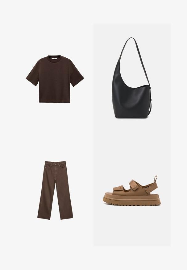 Hnědé tričko s krátkým rukávem vyrobené z měkké bavlny. Má kulatý výstřih a volný střih, s hladkou strukturou a bez viditelných vzorů.; Hnědé džíny s širokými nohavicemi vyrobené z denimu, s vysokým pasem, předními kapsami a klasickým zapínáním na knoflík. Hladká textura s jemným švem.; UGG GOLDENGLOW - Sandály na platformě - bison brown; Černá kožená hobo taška s hladkým povrchem, zakřiveným tvarem a jedním nastavitelným popruhem; má široké otevírání nahoře.