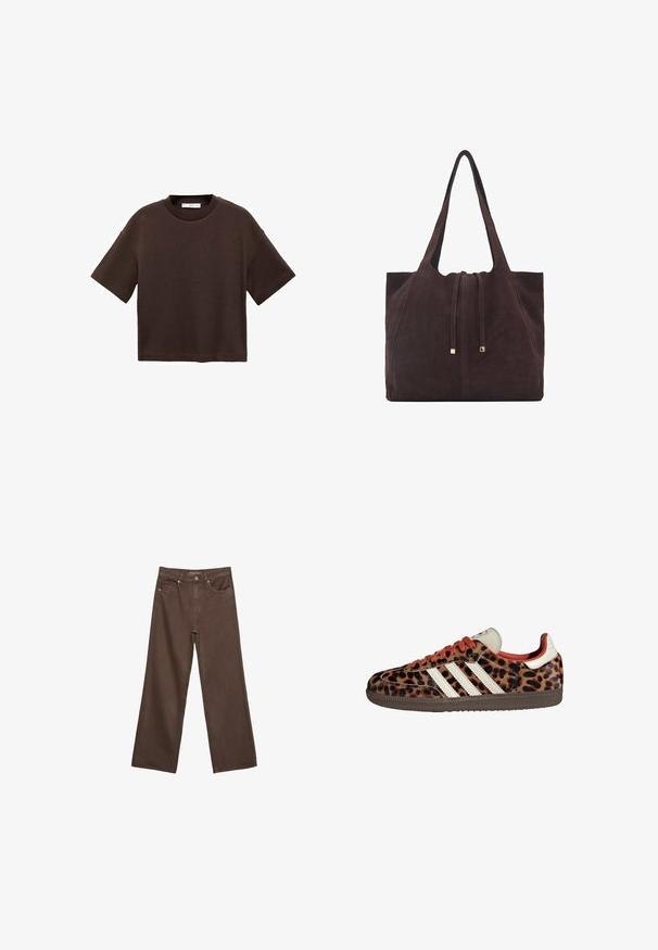 Smeđi kratki rukav majica od mekog pamuka. Ima okrugli izrez i širok kroj, s glatkom teksturom i bez vidljivih uzoraka.; Proširene smeđe traperice od denima, s visokim strukom, prednjim džepovima i klasičnom kopčom na dugme. Glatka tekstura s suptilnim šavovima.; Tenisice s uzorkom leoparda izrađene od suede materijala, s crvenim vezicama i tri bijele pruge sa strane. Imaju kremasto-bijeli jezik i smeđu potplat.; Mango Velika torba - dark brown