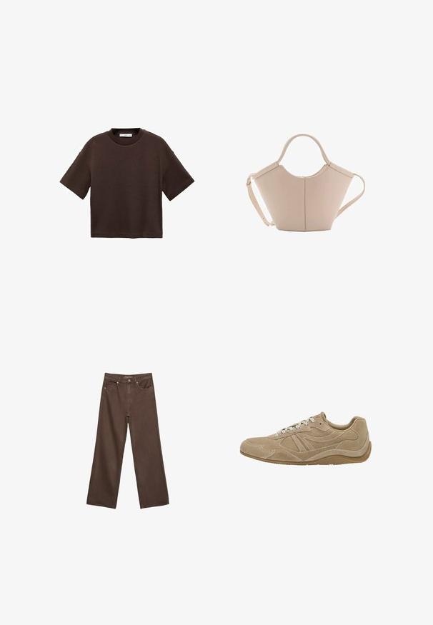 T-shirt marron à manches courtes en coton doux. Dispose d'un col rond et d'une coupe ample, avec une texture lisse et sans motifs visibles.; Jean brown à jambes larges en denim, doté d'une taille haute, de poches avant et d'une fermeture à bouton classique. Texture lisse avec des coutures subtiles.; Baskets en suède beige avec un profil bas, une surface texturée et des lacets blancs. Présente un design courbé et une semelle en caoutchouc pour une meilleure adhérence.; Sac à main en cuir beige avec une forme unique, doté de deux poignées courtes et d'une longue sangle réglable. Texture lisse avec un minimum de matériel.