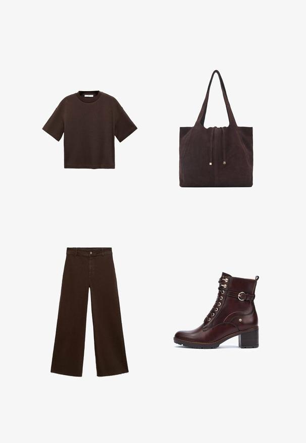 Bruine T-shirt met korte mouwen, gemaakt van zachte katoen. Heeft een ronde halslijn en een recht model, met een gladde textuur en geen zichtbare patronen.; Bruine wijde broek in katoenmix, met een rafelige zoom, sluiting met een knoop aan de voorkant en een klassieke vijf-pocketstijl. Minimalistisch en veelzijdig.; Pikolinos LLANES - Enkelkaarsjes - dark brown; Mango Shopper - dark brown
