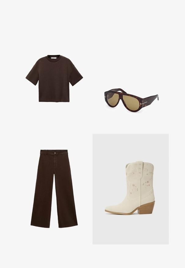 Bruine T-shirt met korte mouwen, gemaakt van zachte katoen. Heeft een ronde halslijn en een recht model, met een gladde textuur en geen zichtbare patronen.; Bruine wijde broek in katoenmix, met een rafelige zoom, sluiting met een knoop aan de voorkant en een klassieke vijf-pocketstijl. Minimalistisch en veelzijdig.; Witte leren cowboylaars met bloemenborduursel, spitse neus en een gestapelde houten hak. Bevat decoratieve stiksels op de schacht.; Tom Ford BRONSON - Zonnebril - dark havana; Mango Shopper - dark brown