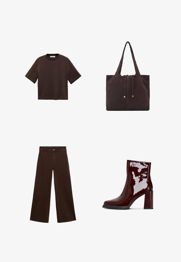 Brązowa koszulka z krótkim rękawem, wykonana z miękkiej bawełny. Posiada okrągły dekolt i luźny krój, charakteryzuje się gładką fakturą i brakiem widocznych wzorów.; Brązowe spodnie o szerokich nogawkach z mieszanki bawełny, z postrzępionym dołem, przednim zapięciem na guzik i klasycznym pięciopocketowym wzorem. Minimalistyczne i uniwersalne.; Błyszcząca burgundowa botka za kostkę z kwadratowym noskiem, masywnym przezroczystym obcasem i teksturowaną czarną podeszwą. Gładka powierzchnia o wysokim połysku.; Mango - Torba na zakupy