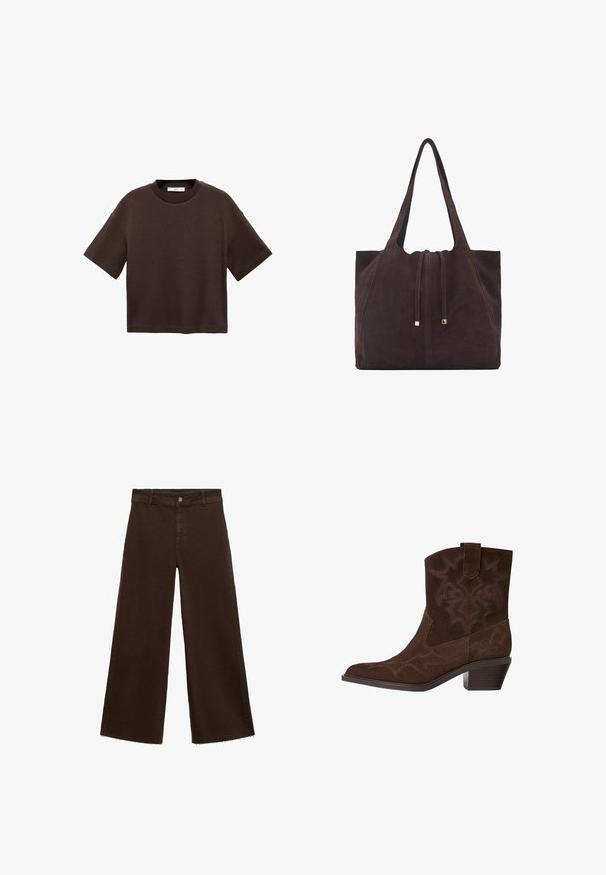 Hnědé tričko s krátkým rukávem vyrobené z měkké bavlny. Má kulatý výstřih a volný střih, s hladkou strukturou a bez viditelných vzorů.; Hnědé kalhoty širokého střihu z bavlněné směsi, s třepicí na lemu, předním zapínáním na knoflík a klasickým designem pěti kapes. Minimalistické a univerzální.; Hnědá semišová kovbojská bota s špičatou špičkou, dekorativními stehy, výškou nad kotníky a s vršeným podpatkem. Obsahuje poutko pro snadné obouvání.; Mango Velká kabelka - dark brown