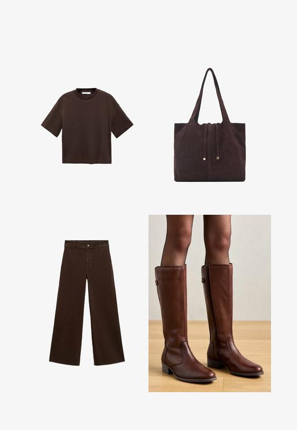 Hnědé tričko s krátkým rukávem vyrobené z měkké bavlny. Má kulatý výstřih a volný střih, s hladkou strukturou a bez viditelných vzorů.; Hnědé kalhoty širokého střihu z bavlněné směsi, s třepicí na lemu, předním zapínáním na knoflík a klasickým designem pěti kapes. Minimalistické a univerzální.; Anna Field LEATHER - Vysoká obuv - brown; Mango Velká kabelka - dark brown