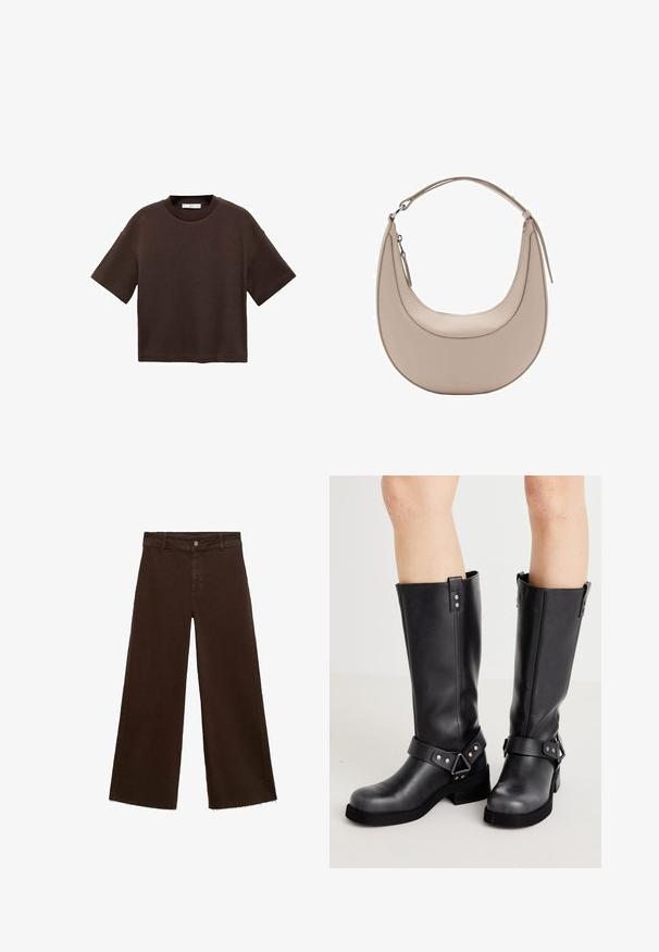 Tricou scurt cu mânecă scurtă, de culoare maro, fabricat din bumbac moale. Are un decolteu rotund și o croială tip boxy, cu o textură netedă și fără modele vizibile.; Pantaloni largi maro dintr-un amestec de bumbac, cu un tiv desfăcut, închidere cu buton frontal și un design clasic cu cinci buzunare. Minimalist și versatil.; Bocanci din piele neagră, până la genunchi, cu un șold larg, detalii cu curea, accesorii din metal argintiu și talpă plată. Textură netedă cu un ușor luciu.; Geantă de umăr din piele bej, cu o formă de semilună, textură netedă și un singur mânere curbat. Dispune de o închidere cu fermoar și cusături bine realizate.