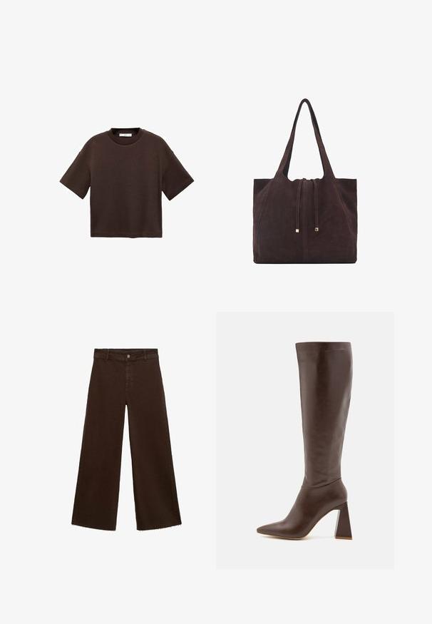 Brun kortærmet t-shirt lavet af blød bomuld. Har en rund halsudskæring og en boxy pasform, med en glat tekstur og ingen synlige mønstre.; Brune viddebukser i en bomuldsblanding, med en frynset kant, frontknaplukning og klassisk fem-lomme design. Minimalistiske og alsidige.; RAID TENBY - Høje støvler/ Støvler - brown; Mango Shopping bags - dark brown