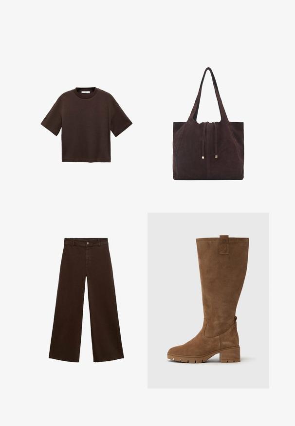 Hnedé tričko s krátkym rukávom vyrobené z mäkké bavlny. Má okrúhly výstrih a voľný strih, s hladkou textúrou a bez viditeľných vzorov.; Hnedé široké nohavice z bavlnenej zmesi, s roztrhnutým lemom, predným zapínaním na gombík a klasickým dizajnom s piatimi vreckami. Minimalistické a všestranné.; Tamaris Čižmy - brown; Mango Veľká kabelka - dark brown