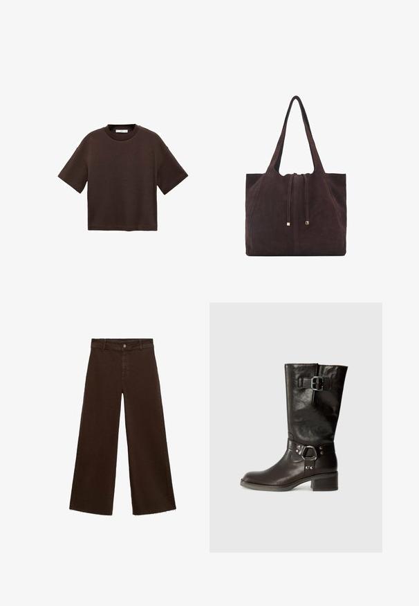 Braun majica s kratkimi rokavi, izdelana iz mehkega bombaža. Ima okroglo ovratnico in širok kroj, z gladko teksturo in brez vidnih vzorcev.; Rjave široke hlače iz mešanice bombaža, z raztrganim robom, sprednjim gumbom in klasičnim dizajnom s petimi žepi. Minimalistične in vsestranske.; Rjav usnjen čizmi do kolen z zaobljenim nosom, stransko zaponko in debelim petom. Gladka tekstura z metalnimi detajli na traku.; Mango Torba za nakupovanje - dark brown