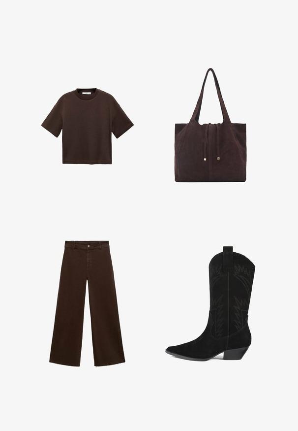 Brown short-sleeve t-shirt made of soft cotton. Features a round neckline and a boxy fit, with a smooth texture and no visible patterns.; Brown wide-leg trousers in cotton blend, featuring a frayed hem, front button closure, and classic five-pocket design. Minimalistic and versatile.; Black suede cowboy boot with a pointed toe, mid-height shaft, and zigzag stitching detail. Features a low, tapered heel.; Mango Tote bag - dark brown