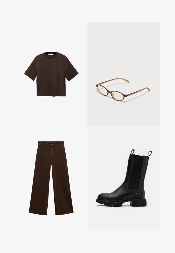 Hnědé tričko s krátkým rukávem vyrobené z měkké bavlny. Má kulatý výstřih a volný střih, s hladkou strukturou a bez viditelných vzorů.; Hnědé kalhoty širokého střihu z bavlněné směsi, s třepicí na lemu, předním zapínáním na knoflík a klasickým designem pěti kapes. Minimalistické a univerzální.; Černé kožené kotníkové boty s elastickými postranními panely, chunky gumovou podrážkou a poutky. Obsahují decentní branding vyražený na boku.; Hnědé želvovinové brýle s oválnými skly, tenkými bočními nohami a průhlednými akcenty. Obsahují decentní logo na stranu. Elegantní, lehký design.; Hnědá semišová taška s dvěma dlouhými popruhy, stahovací šňůrkou a minimalistickým designem. Hladký povrch a žádné viditelné kovové akcenty.