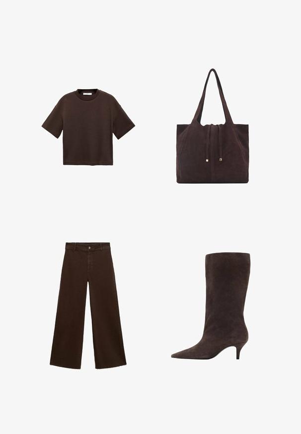 Hnědé tričko s krátkým rukávem vyrobené z měkké bavlny. Má kulatý výstřih a volný střih, s hladkou strukturou a bez viditelných vzorů.; Hnědé kalhoty širokého střihu z bavlněné směsi, s třepicí na lemu, předním zapínáním na knoflík a klasickým designem pěti kapes. Minimalistické a univerzální.; Hnědé semišové vysoké boty po kolena s špičatou špičkou a středně vysokým podpatkem, s hladkou texturou a elegantním designem.; Mango Velká kabelka - dark brown