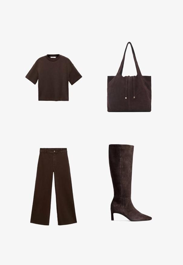 Braun majica s kratkimi rokavi, izdelana iz mehkega bombaža. Ima okroglo ovratnico in širok kroj, z gladko teksturo in brez vidnih vzorcev.; Rjave široke hlače iz mešanice bombaža, z raztrganim robom, sprednjim gumbom in klasičnim dizajnom s petimi žepi. Minimalistične in vsestranske.; Rjave zamšaste čezkolenske škornje s koničastim nosom in 3-palčnim peto. Gladka tekstura, elegantna silhueta in minimalističen dizajn.; Mango Torba za nakupovanje - dark brown