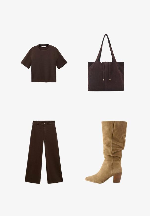 Bruine T-shirt met korte mouwen, gemaakt van zachte katoen. Heeft een ronde halslijn en een recht model, met een gladde textuur en geen zichtbare patronen.; Bruine wijde broek in katoenmix, met een rafelige zoom, sluiting met een knoop aan de voorkant en een klassieke vijf-pocketstijl. Minimalistisch en veelzijdig.; Bruine suède kniehoge laars met een verslonden ontwerp, spitse neus en een gestapelde houten hak. Zachte textuur met zichtbare stiksels.; Mango Shopper - dark brown