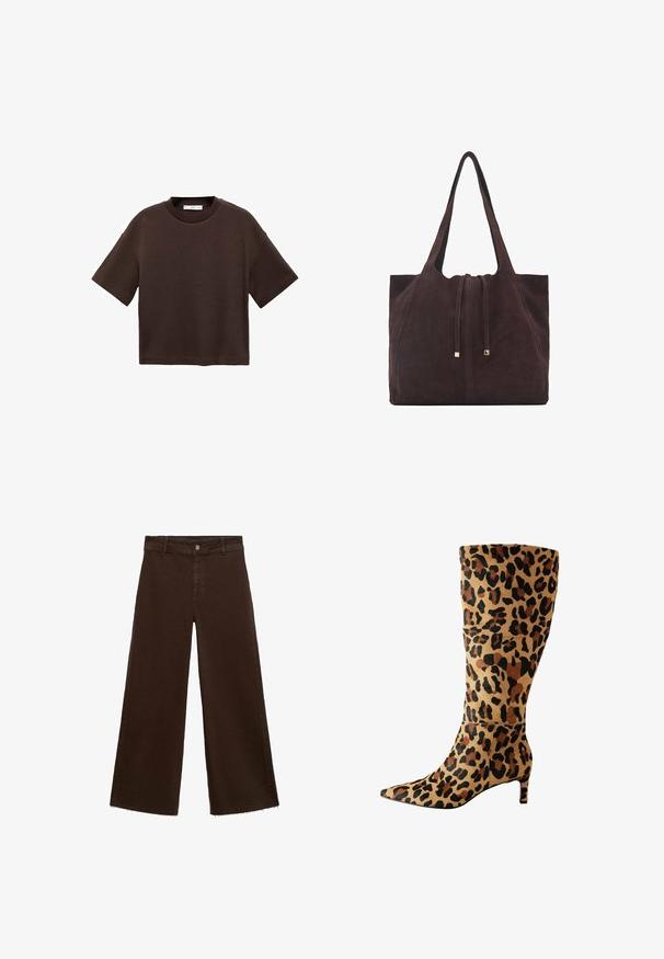T-shirt marron à manches courtes en coton doux. Dispose d'un col rond et d'une coupe ample, avec une texture lisse et sans motifs visibles.; Pantalons large en coton mélangé, couleur marron, avec un ourlet effiloché, une fermeture à bouton à l'avant et un design classique à cinq poches. Minimaliste et polyvalent.; Botte montante en imprimé léopard, fabriquée en matériau doux, avec un bout pointu et un petit talon, arborant un audacieux motif de taches noires et brunes.; Mango Cabas - dark brown