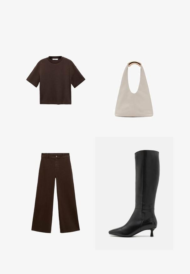 Smeđi kratki rukav majica od mekog pamuka. Ima okrugli izrez i širok kroj, s glatkom teksturom i bez vidljivih uzoraka.; Smeđe široke hlače od pamuka, s raspucanim rubom, prednjim kopčanjem na dugme i klasičnim dizajnom s pet džepova. Minimalističke i svestrane.; Zign Čizme - black; Svijetlosivi kožni torba s oblikom u slovo U i zakrivljenim metalnim drškom. Glatka tekstura s minimalnim šavovima i bez vidljivih uzoraka.