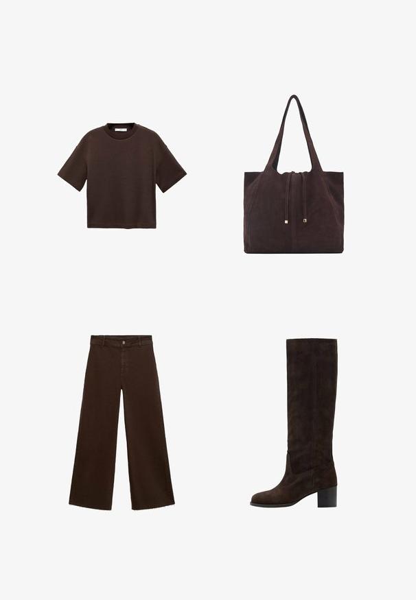 Braun t-Shirt mit kurzen Ärmeln aus weicher Baumwolle. Verfügt über einen runden Ausschnitt und einen kastigen Schnitt, mit einer glatten Textur und ohne sichtbare Muster.; Braune, weit geschnittene Hosen aus Baumwollmischung mit fransigem Saum, vorderem Knopfverschluss und klassischem Fünf-Taschen-Design. Minimalistisch und vielseitig.; Braune Wildleder-Stiefel in Knielänge mit quadratischer Zehenform und Blockabsatz. Glatte Textur und minimale Nähte an der Außenseite.; Mango Shopping Bag - dark brown