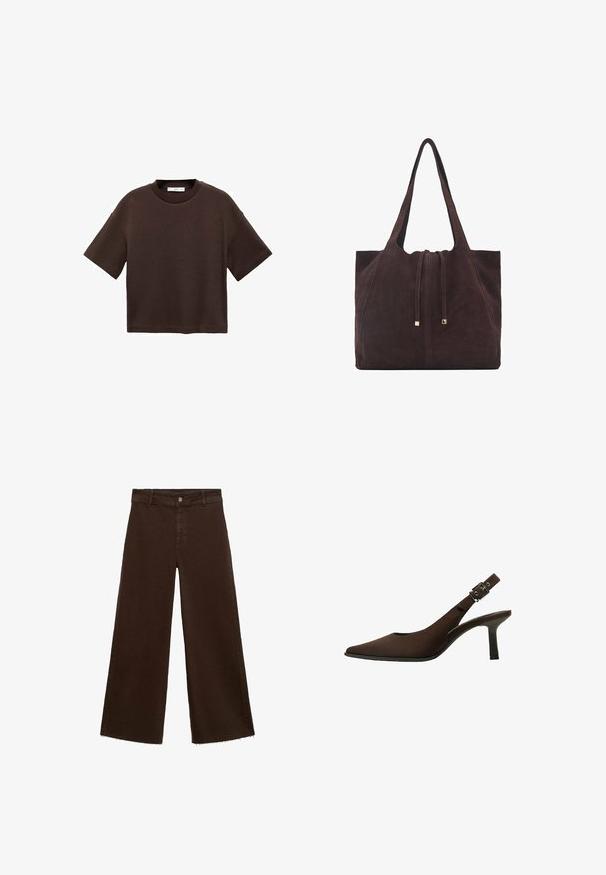 Smeđi kratki rukav majica od mekog pamuka. Ima okrugli izrez i širok kroj, s glatkom teksturom i bez vidljivih uzoraka.; Smeđe široke hlače od pamuka, s raspucanim rubom, prednjim kopčanjem na dugme i klasičnim dizajnom s pet džepova. Minimalističke i svestrane.; Smešasti suede cipele na visoku petu s otvorenom petom, u obliku špice, elegantnog dizajna, s tankom potpeticom i kopčom na remenu oko gležnja.; Mango Velika torba - dark brown