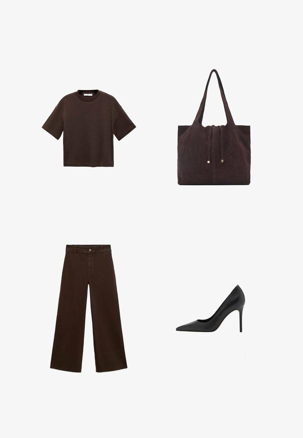 Bruine T-shirt met korte mouwen, gemaakt van zachte katoen. Heeft een ronde halslijn en een recht model, met een gladde textuur en geen zichtbare patronen.; Bruine wijde broek in katoenmix, met een rafelige zoom, sluiting met een knoop aan de voorkant en een klassieke vijf-pocketstijl. Minimalistisch en veelzijdig.; Mango Klassieke pumps - black; Mango Shopper - dark brown
