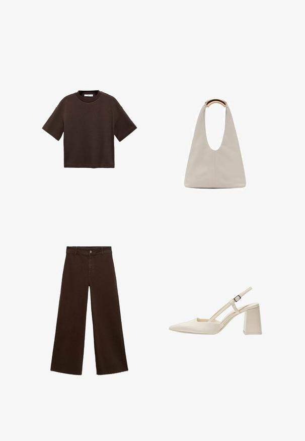 Brown short-sleeve t-shirt made of soft cotton. Features a round neckline and a boxy fit, with a smooth texture and no visible patterns.; Brown wide-leg trousers in cotton blend, featuring a frayed hem, front button closure, and classic five-pocket design. Minimalistic and versatile.; Beige slingback shoes with a pointed toe, glossy patent finish, mid-block heel, and adjustable strap. Minimalist design with open sides.; Light gray leather bag with a U-shaped design and a curved metallic handle. Smooth texture with minimal stitching and no visible patterns.