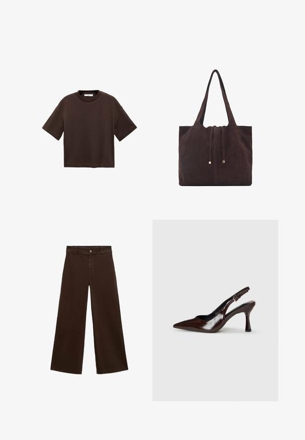 Hnědé tričko s krátkým rukávem vyrobené z měkké bavlny. Má kulatý výstřih a volný střih, s hladkou strukturou a bez viditelných vzorů.; Hnědé kalhoty širokého střihu z bavlněné směsi, s třepicí na lemu, předním zapínáním na knoflík a klasickým designem pěti kapes. Minimalistické a univerzální.; Hnědé lakované kožené slingback podpatky s špičatou špičkou, tenkým podpatkem a nastavitelným páskem se malou sponou.; Mango Velká kabelka - dark brown