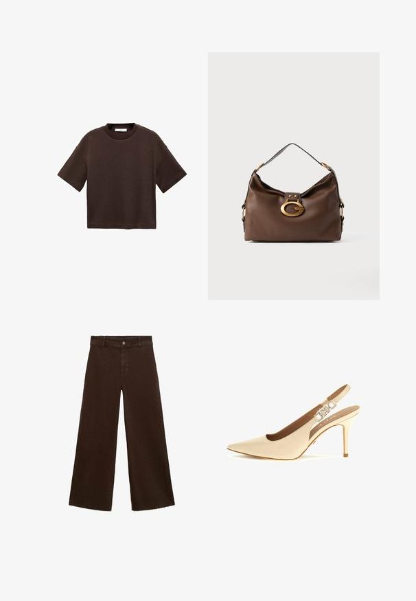Brown short-sleeve t-shirt made of soft cotton. Features a round neckline and a boxy fit, with a smooth texture and no visible patterns.; Brown wide-leg trousers in cotton blend, featuring a frayed hem, front button closure, and classic five-pocket design. Minimalistic and versatile.; Beige patent leather slingback pump with pointed toe, adjustable strap, and metallic accent detail on the heel. Thin high heel.; Brown leather handbag with a textured finish, featuring a gold-tone hardware clasp and a single, curved shoulder strap.