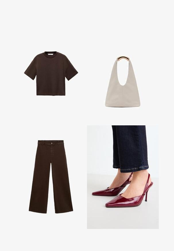 T-shirt corto marrone a maniche corte realizzato in cotone morbido. Presenta un colletto rotondo e una vestibilità ampia, con una texture liscia e senza motivi visibili.; Pantaloni larghi marroni in misto cotone, caratterizzati da orlo sfrangiato, chiusura frontale con bottone e classico design a cinque tasche. Minimalisti e versatili.; Pantofole con tacco a stiletto in pelle verniciata bordeaux, con punta appuntita e tacco sottile, caratterizzate da un retro aperto e da un design minimalista.; Borsa in pelle grigio chiaro con design a forma di U e manico metallico curvo. Texture liscia con cuciture minime e senza motivi visibili.
