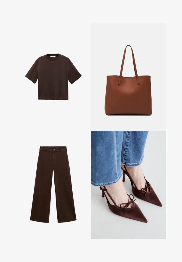 Hnedé tričko s krátkym rukávom vyrobené z mäkké bavlny. Má okrúhly výstrih a voľný strih, s hladkou textúrou a bez viditeľných vzorov.; Hnedé široké nohavice z bavlnenej zmesi, s roztrhnutým lemom, predným zapínaním na gombík a klasickým dizajnom s piatimi vreckami. Minimalistické a všestranné.; Simmi London KLARA - Obuv na vysokom opätku - chocolate; Hnedá kožená taška na rameno s hladkou textúrou, otvoreným vrchom a dvoma ramenými popruhmi. Má minimálne šitia a žiadne viditeľné kovania.