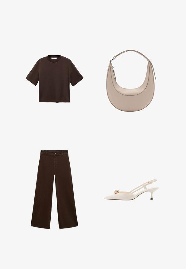 Brown short-sleeve t-shirt made of soft cotton. Features a round neckline and a boxy fit, with a smooth texture and no visible patterns.; Brown wide-leg trousers in cotton blend, featuring a frayed hem, front button closure, and classic five-pocket design. Minimalistic and versatile.; Cream-colored slingback shoe with a pointed toe, thin straps, and a gold accent on the vamp. Features a low, narrow heel.; Beige leather shoulder bag with a crescent shape, smooth texture, and a single curved handle. Features a zip closure and neat stitching.