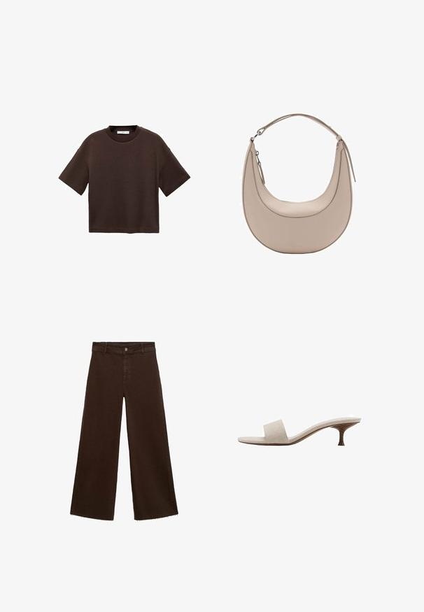 Bruine T-shirt met korte mouwen, gemaakt van zachte katoen. Heeft een ronde halslijn en een recht model, met een gladde textuur en geen zichtbare patronen.; Bruine wijde broek in katoenmix, met een rafelige zoom, sluiting met een knoop aan de voorkant en een klassieke vijf-pocketstijl. Minimalistisch en veelzijdig.; Hiel-loze sandaal met een beige geweven stoffen bovenwerk, open teen en een gebogen houten tussenzool. Het ontwerp heeft een gladde textuur en een minimalistische vorm.; Beige leren schoudertas met een halve maanvorm, een soepele textuur en een enkele gebogen handgreep. Voorzien van een ritssluiting en nette stiksels.