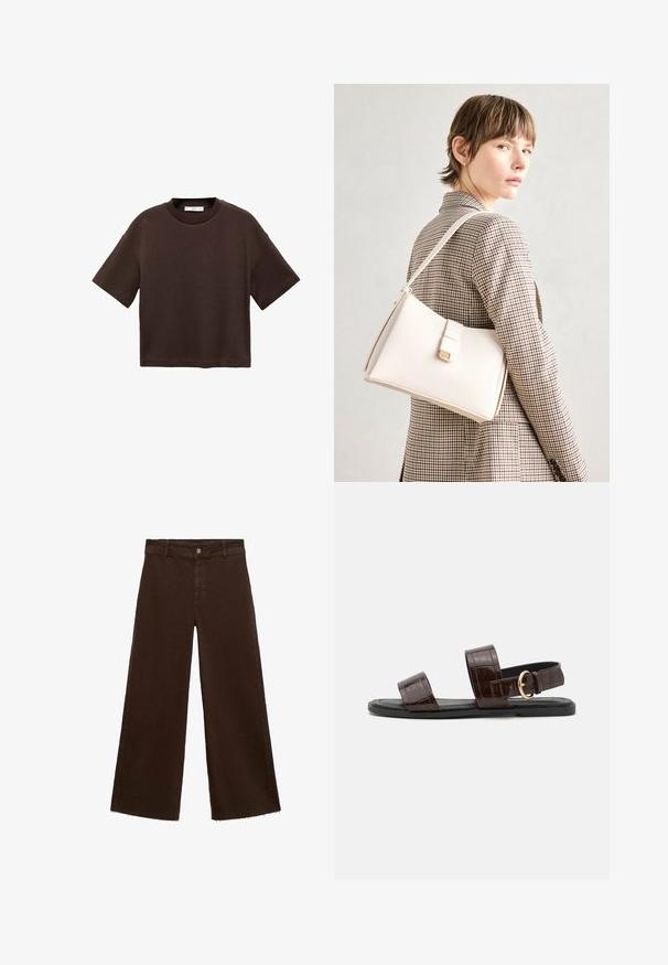 Tricou scurt cu mânecă scurtă, de culoare maro, fabricat din bumbac moale. Are un decolteu rotund și o croială tip boxy, cu o textură netedă și fără modele vizibile.; Pantaloni largi maro dintr-un amestec de bumbac, cu un tiv desfăcut, închidere cu buton frontal și un design clasic cu cinci buzunare. Minimalist și versatil.; Sandal din piele cu model de crocodil, de culoare maronie, cu două curele late și un accent de cataramă aurie, având o talpă plată de culoare neagră.; Geantă de mână din piele albă cu un design structurat, având o închidere magnetică și un breteau, expusă pe un fundal neutru.