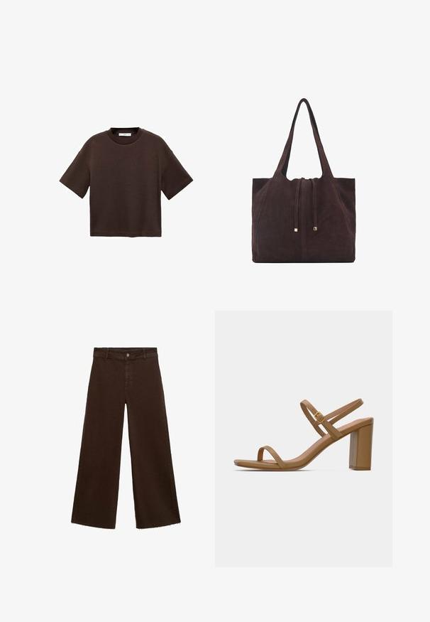 Hnědé tričko s krátkým rukávem vyrobené z měkké bavlny. Má kulatý výstřih a volný střih, s hladkou strukturou a bez viditelných vzorů.; Hnědé kalhoty širokého střihu z bavlněné směsi, s třepicí na lemu, předním zapínáním na knoflík a klasickým designem pěti kapes. Minimalistické a univerzální.; Světle hnědé sandály na podpatku s dvěma štíhlými řemínky a čtvercovým blokovým podpatkem. Hladký materiál s minimálním designem a malým zlatým sponou.; Mango Velká kabelka - dark brown