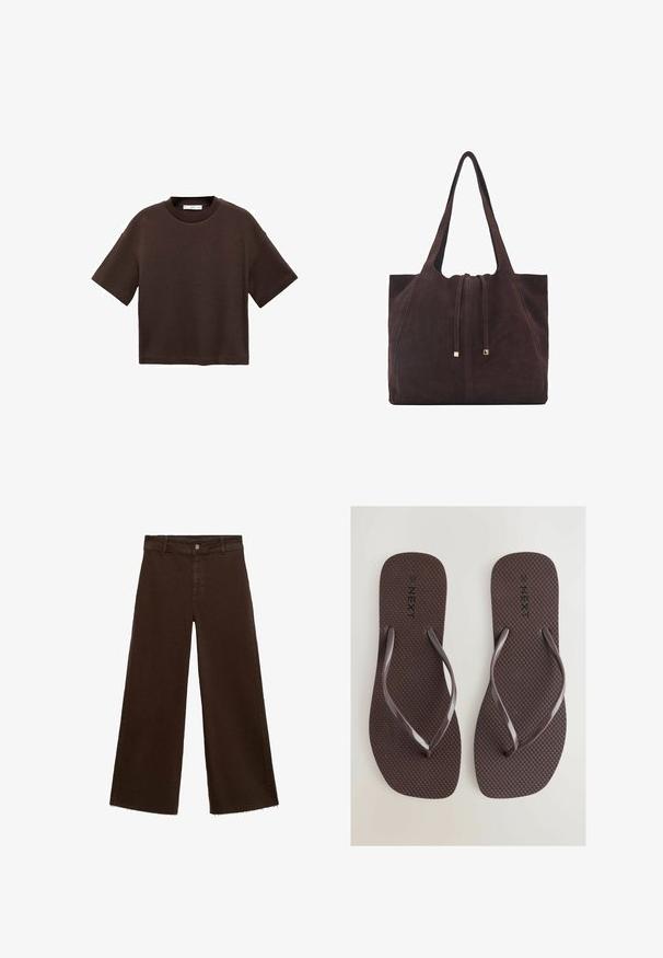 Braun majica s kratkimi rokavi, izdelana iz mehkega bombaža. Ima okroglo ovratnico in širok kroj, z gladko teksturo in brez vidnih vzorcev.; Rjave široke hlače iz mešanice bombaža, z raztrganim robom, sprednjim gumbom in klasičnim dizajnom s petimi žepi. Minimalistične in vsestranske.; Next SQUARE TOE - Čevlji za na bazen - chocolate brown; Mango Torba za nakupovanje - dark brown