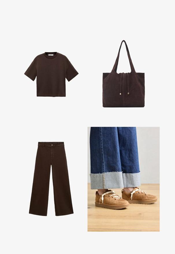 Bruine T-shirt met korte mouwen, gemaakt van zachte katoen. Heeft een ronde halslijn en een recht model, met een gladde textuur en geen zichtbare patronen.; Bruine wijde broek in katoenmix, met een rafelige zoom, sluiting met een knoop aan de voorkant en een klassieke vijf-pocketstijl. Minimalistisch en veelzijdig.; Bruine suede sneakers met textuurpanelen en lichtgekleurde veters. Gecombineerd met blauwe denim broeken met wijde pijpen en rafelige zoom.; Mango Shopper - dark brown
